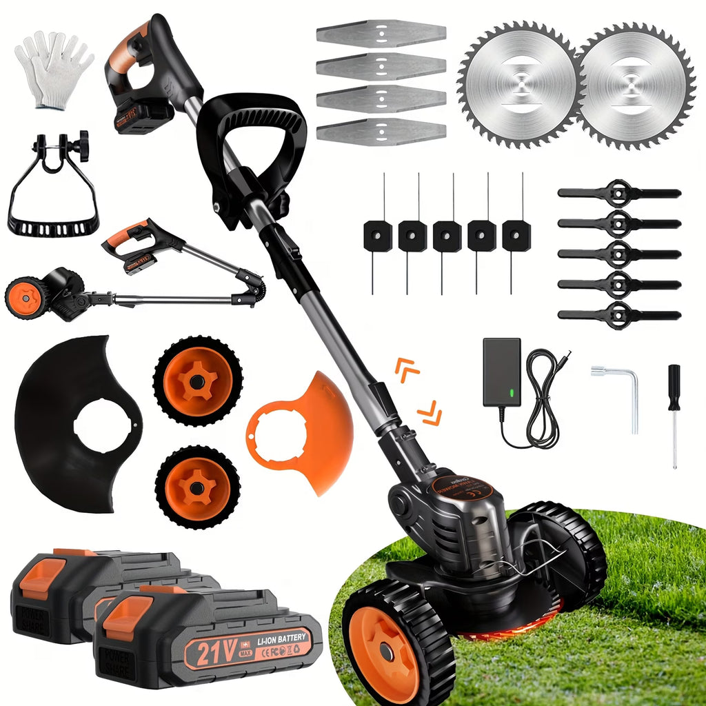 Cordless Electric Grass Trimmer — 2 Batteries, 3 Blade Sets, Wheel Attachment | Oz Bargain Outlet™